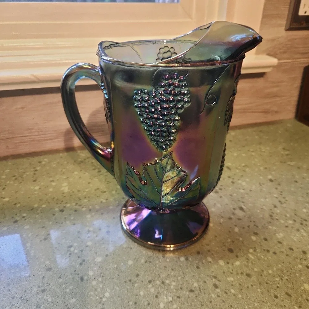 Vtg 70's Indiana Carnival Glass Iridescent Blue Amethyst Pitcher Harvest Grapes